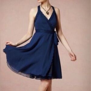 Chic Navy Silk Wrap Dress, Lace-Lined, with Tie Waist - Anthropologie